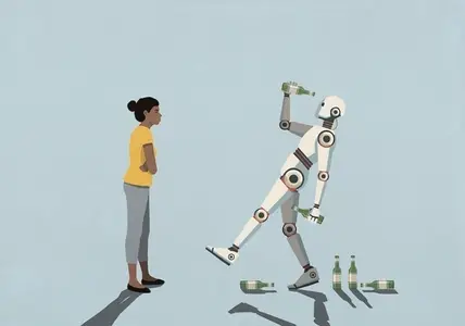 Angry woman watching drunk humanoid robot drinking beer