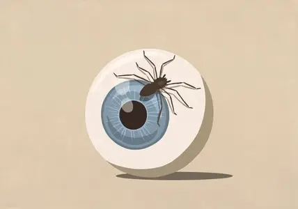 Spider crawling over large blue eyeball