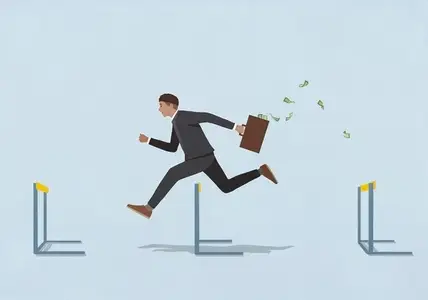 Businessman with money briefcase jumping over hurdles
