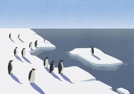 Penguins on shore watching lone penguin drift away on floating ice