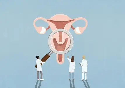Doctors with magnifying glass examining female reproductive system