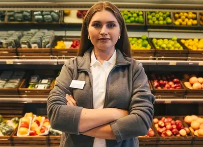 Portrait of a young woman grocery store worker standing with hands crossed against shelves with fruits and vegetables