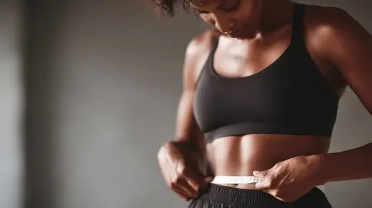 Woman measuring her waistline with tape measure showing focus and determination
