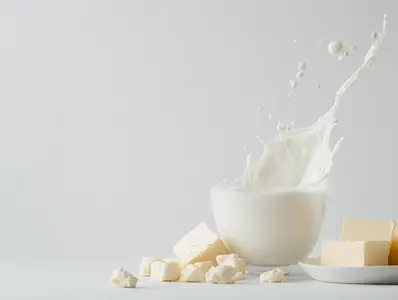 Splash of fresh milk in glass cup surrounded by soft cheese and butter pieces on white