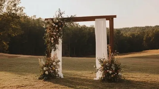 Rustic wedding arch with floral decoration and white fabric in outdoor field