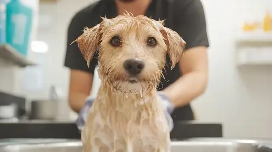 Wet dog being bathed by pet groomer in salon  showing care and attention