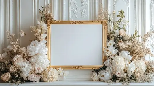 White and gold blank signboard surrounded by elegant cream flowers in classic interior