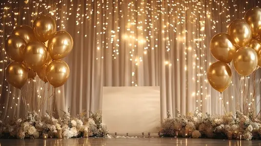 Wedding reception blank signboard with golden balloons and floral decoration in warm light