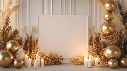 Blank wedding signboard with golden balloons and candles in warm decor