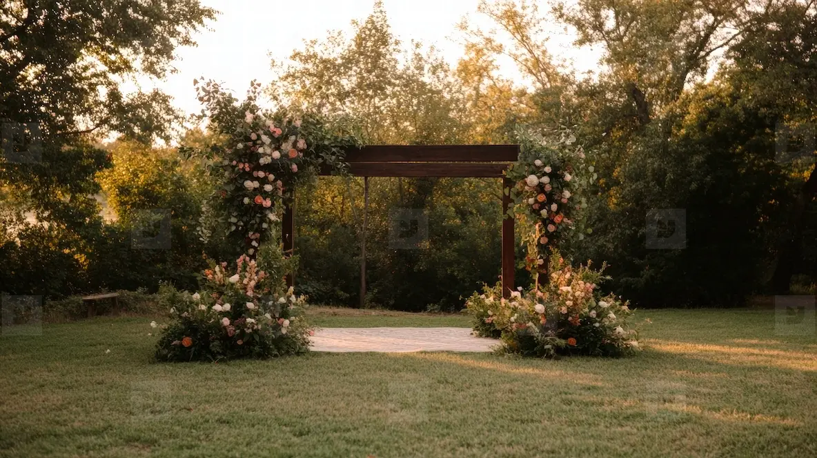 Outdoor Wedding Arch Decorated With Flowers In Serene Garden Setting ...