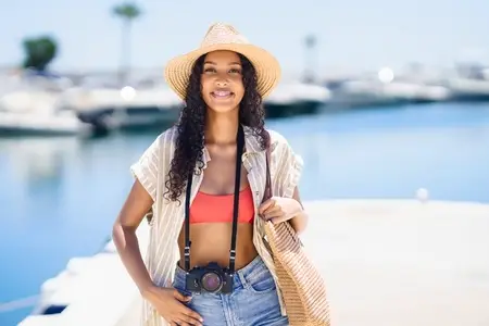Stylish Young Woman Having a Wonderful Day Enjoying at the Beautiful Marina by the Sea