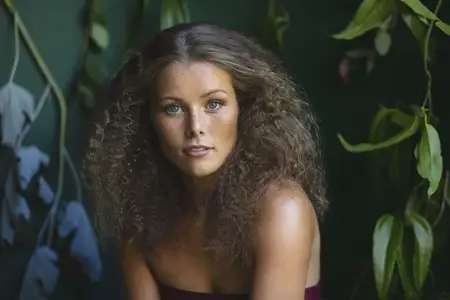 Portrait of beautiful young woman with curly brown hair and blue eyes surrounded by tropical leaves