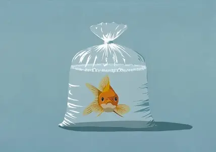 Portrait of goldfish with blank expression in plastic bag with water against blue background