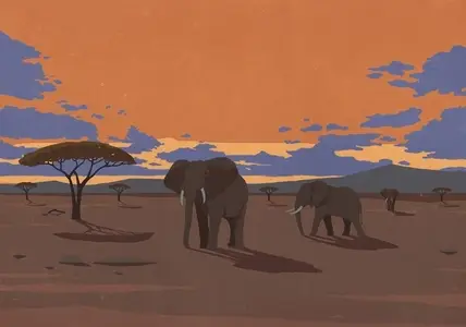 Elephants in the wild under dramatic sunset sky