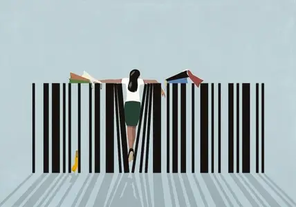 Woman with shopping bags squeezing between lines of bar code against blue background