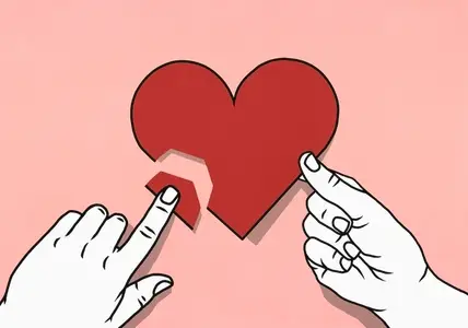 View from above of hands mending broken heart on pink background