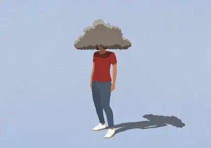 Gray storm cloud covering head of depressed woman against blue background