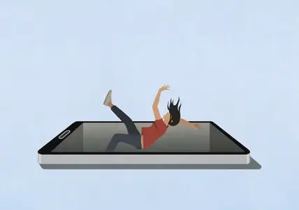 Addiction concept   woman falling backward into smart phone void