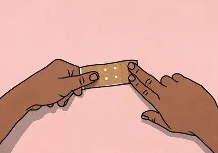 Point of view from above of hands flattening bandage over pink background