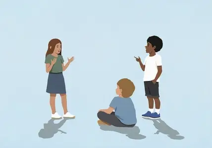 Multiracial kids talking and gesturing in discussion on blue background Multiracial kids talking and gesturing in discussion on blue background
