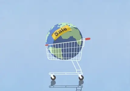 For Sale sign over large globe in shopping cart against blue background