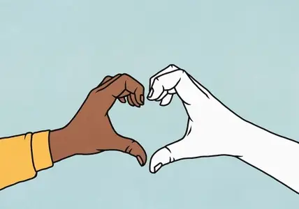 White and brown hands forming heart shape against blue background
