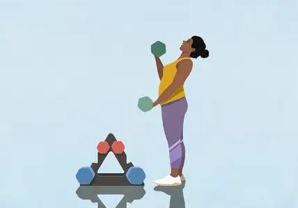 Woman exercising weightlifting with dumbbells against blue background