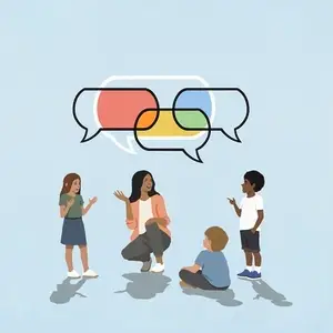 Multicolored speech bubbles overlapping above female teacher and school children talking Multicolored speech bubbles overlapping above female teacher and school children talking