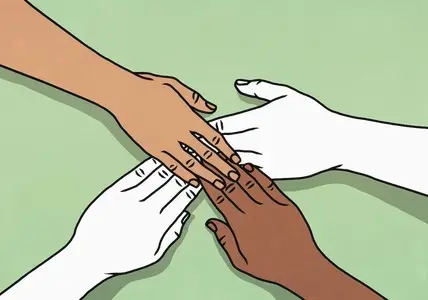 View from above of multiracial hands touching in connection against green background