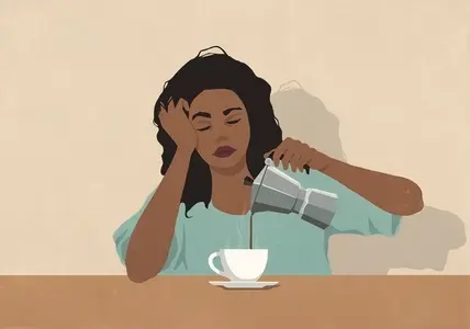 Exhausted woman with head in hands pouring coffee at morning kitchen table