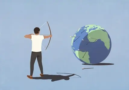Man with bow shooting arrows at large globe against blue background