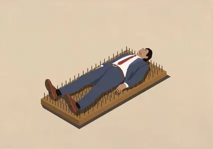 Businessman laying on bed of nails against beige background