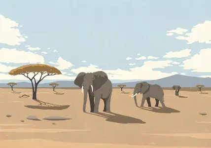Elephants in the wild walking in sunny desert landscape