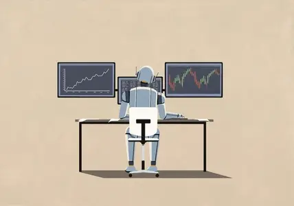 Humanoid robot working at computer monitors with financial data