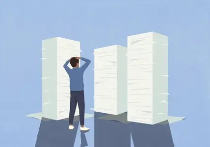 Overwhelmed man with hands on head looking at large stacks of paperwork