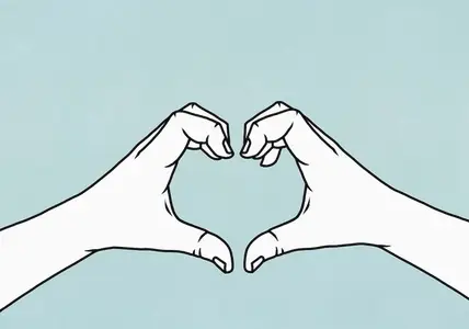 Hands forming heart shape against blue background