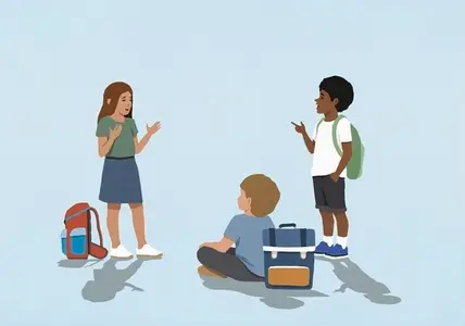 Multiracial school kids talking and gesturing in discussion against blue background Multiracial school kids talking and gesturing in discussion against blue background