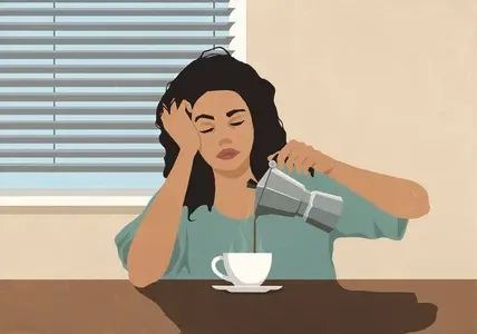 Exhausted woman with head in hands pouring coffee at morning kitchen table Exhausted woman with head in hands pouring coffee at morning kitchen table