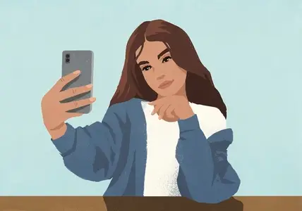 Young brunette woman taking selfie with smart phone against blue background Young brunette woman taking selfie with smart phone against blue background