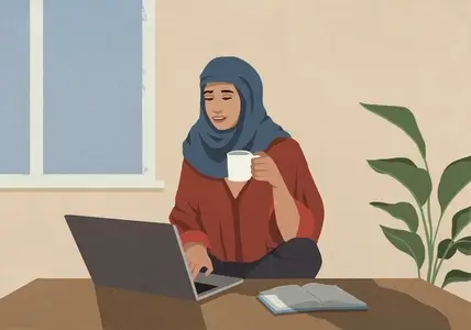 Muslim woman in hijab drinking coffee and working at laptop Muslim woman in hijab drinking coffee and working at laptop