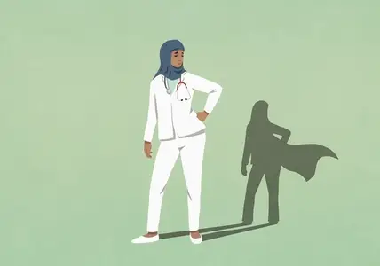 Superhero shadow on green background behind confident Muslim female doctor in hijab