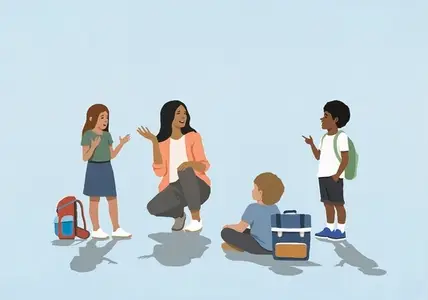 Female teacher and multiracial school kids gesturing in discussion against blue background Female teacher and multiracial school kids gesturing in discussion against blue background