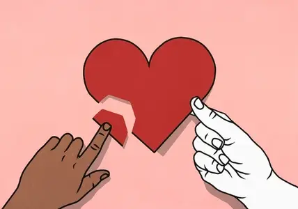 View from above of white and brown hands mending broken heart on pink background