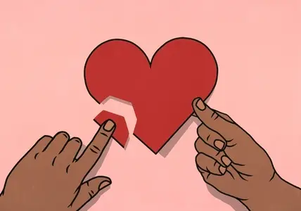 Point of view from above of hands mending broken heart on pink background