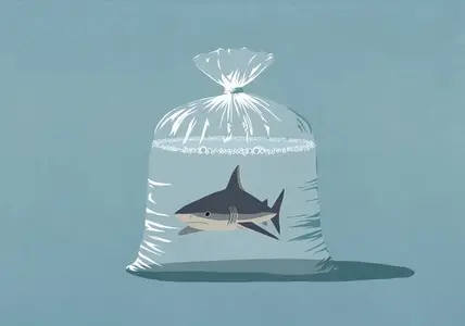 Tiny shark in plastic bag with water against blue background