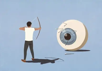 Man aiming bow and shooting arrows at large blue surveillance eyeball