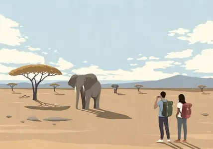 Couple on safari vacation watching elephants walking in desert