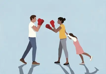 Daughter supporting pushing mother in boxing gloves toward father against blue background