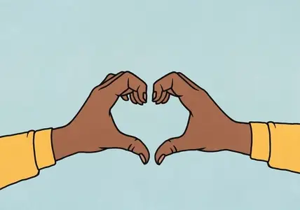 Hands forming heart shape against blue background