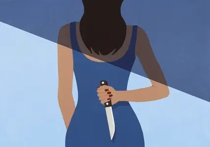 Shadow over rear view of woman in blue dress holding knife